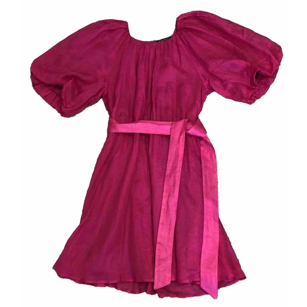 Banana Republic Magenta Ramie Open Back Puff Short Sleeve Belted Lined Dress